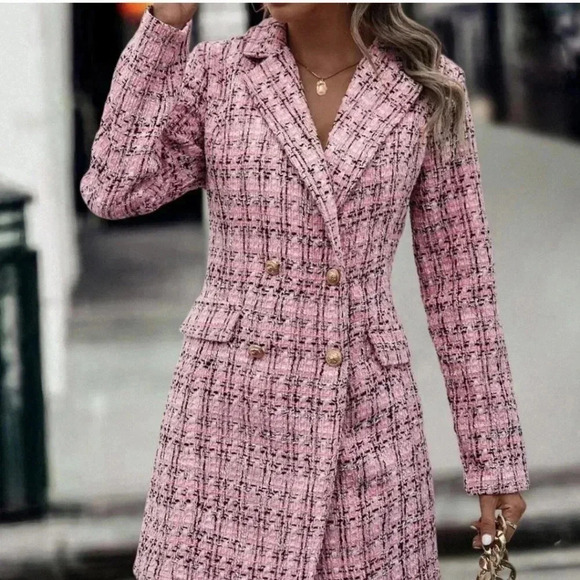 Pink Preppy Womens Plaid Pattern Double Breasted Tweed Overcoat - Picture 4 of 5